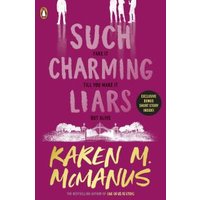 Purple book cover titled "Such Charming Liars" by Karen M. McManus, featuring silhouettes of people and trees.