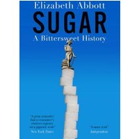 "Blue book cover titled 'Sugar: A Bittersweet History' with sugar cube tower and small statue on top."