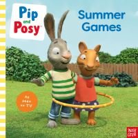 Children's book "Summer Games" featuring cartoon rabbit and mouse with hula hoop in a garden setting.