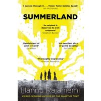 "Yellow and white 'Summerland' book cover with black silhouettes and quotes by Hannu Rajaniemi"