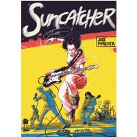 "Suncatcher graphic novel cover with guitarist in white, vibrant yellow and red background, band playing in silhouette."