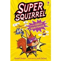 "Yellow book cover featuring Supersquirrel in a purple mask and cape, with drones and bold title text."