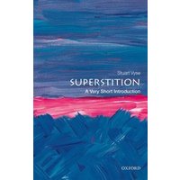Book titled "Superstition" by Stuart Vyse, cover with abstract blue and pink brushstrokes, Oxford logo at bottom.
