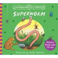 "Green Superworm picture book and CD set with cartoon worm and insects on cover"