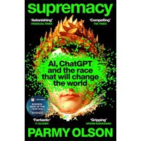 "Supremacy" book cover with a digital crown, green text, and author's name Parmy Olson.