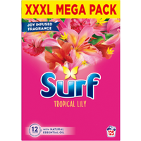 Surf Tropical Lily & Ylang Ylang Washing Powder, pink box with floral design, XXL Mega Pack, 125 washes.