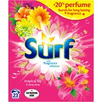 Surf Washing Powder Tropical Lily 23 washes, pink box with yellow flowers and fragrance release text.