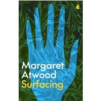 Blue hand silhouette on green leafy background, "Surfacing" by Margaret Atwood in white and yellow text.