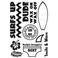 "Surfs Up" sticker set with surfboard, wave patterns, hibiscus flower, and text like "Dude" and "Wax On Wax Off"