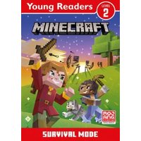"Children's book 'Minecraft: Survival Mode' with pixelated characters and animals on a grassy landscape, Level 2 reader"
