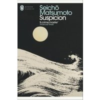 Black book cover, "Suspicion" by Seichō Matsumoto, features a large moon and abstract white wave design.