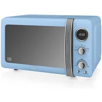 Blue Swan Retro 800W digital microwave with chrome accents, round digital display, and two control knobs.
