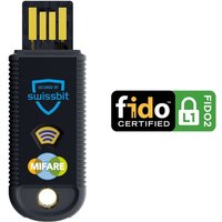 Black Swissbit iShield Key 1.1 USB-A with FIDO2 and MIFARE logos, textured grip, and LED indicator.