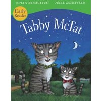 Children's book "Tabby McTat" with two illustrated tabby cats under a starry night sky.