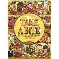 "Take a Bite book cover featuring diverse chefs and dishes from around the world in illustrated frames."