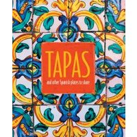 "Tapas cookbook with colorful Spanish tile design and bold orange title on cover"
