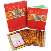 "Tarot card set by Lets Buy Books, includes red box, guidebook, and cards with ornate gold and purple designs"