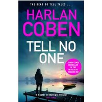 "Tell No One" book by Harlan Coben, cover with pink title, dark sky, and lake scene with dock and boat.
