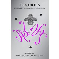 Book cover "Tendrils" with purple abstract design, black dots, and floral motif on gray background.