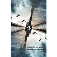 "Tenet screenplay book with mirrored cityscape cover and bold diagonal title text"