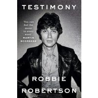 "Black and white book cover of 'Testimony' featuring a man in a leather jacket and patterned shirt."