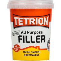 Tetrion Ready Mix Filler 600g in orange and white tub with red lid, labeled "All Purpose Filler" for interior and exterior use.