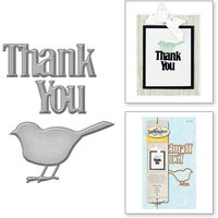 "Silver 'Thank You' die-cut set with bird design, includes card example and packaging with instructions."