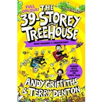 "The 39-Storey Treehouse book with colorful cartoon cover, yellow background, and whimsical illustrations."