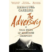 "The Adversary" book by Emmanuel Carrère, cream cover with red title and black-and-white silhouette.