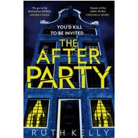 "The Afterparty" book cover with a dark blue building, yellow title text, and glowing windows.