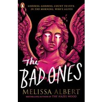 "The Bad Ones" book cover with a pink-winged angel statue and dripping eyes on a black background.