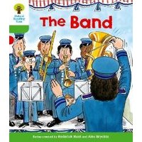Children's book "The Band" with illustrated musicians in blue uniforms playing brass instruments.