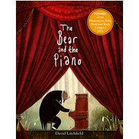 Children's book "The Bear and the Piano" with red curtains, a bear playing a red piano, and award sticker.