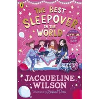 Pink book cover, "The Best Sleepover in the World," features four girls in pajamas, stars, and a wheelchair.