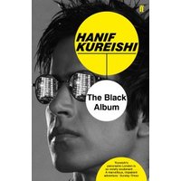 "The Black Album book cover featuring a man in sunglasses with yellow and white text bubbles displaying title and author."
