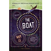"The Boat" book cover with circular patterns, a boat illustration, and text highlighting awards and author Nam Le.