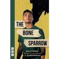 "The Bone Sparrow book cover featuring a young man in a green shirt against a yellow background with black silhouette."