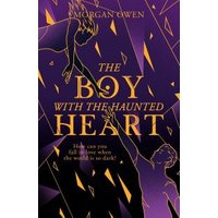 Purple and orange book cover titled "The Boy With the Haunted Heart" featuring abstract figures reaching toward each other.