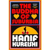 "The Buddha of Suburbia" book cover, bold red and black text, yellow hearts, silhouette of a man with a saxophone.