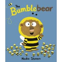 Children's book "The Bumblebear" with a bear in a bee costume surrounded by cartoon bees on a blue background.