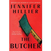 Red book cover titled "The Butcher" by Jennifer Hillier, featuring a large cleaver with a wooden handle.