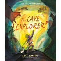 "The Cave Explorer" book cover with colorful cave art, figures, and a child pointing at ancient drawings.