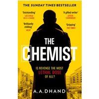 Yellow and black cover of "The Chemist" book by A.A. Dhand, featuring a silhouette of a man in a cityscape.
