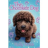 "The Chocolate Dog book cover featuring a fluffy brown dog with a curly coat and blue background with paw prints."