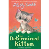 "The Determined Kitten book with a gray tabby kitten on a pink background, butterflies, and green grass."
