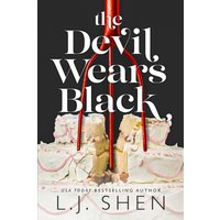 "The Devil Wears Black" book cover with a red pitchfork and white cake background.