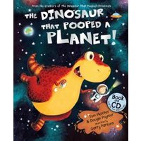 Children's book "The Dinosaur That Pooped a Planet!" with cartoon dinosaur in space, holding a CD.