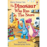 Children's book "The Dinosaur Who Ran the Store" with colorful dinosaur illustrations on a store background.