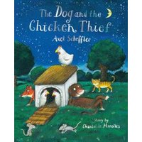 Children's book "The Dog and the Chicken Thief" with illustrated animals around a doghouse under a starry night sky.