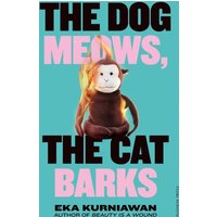Book cover for "The Dog Meows, The Cat Barks" with a plush monkey on a turquoise background.